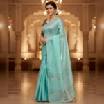 Sea Green Linen Organza saree with aari mirror work - Image 3