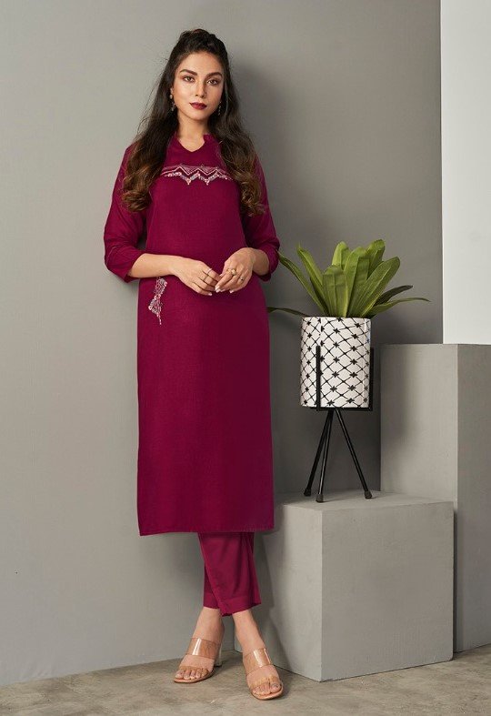 Dark Red Viscose Slub Suit without Dupatta