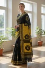 Black & Yellow Block Print cotton saree
