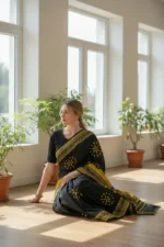 Black & Yellow Block Print cotton saree - Image 3