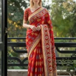 Red & Yellow Block Print cotton saree