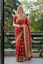 Red & Yellow Block Print cotton saree