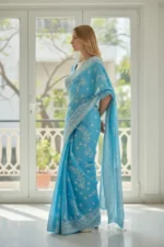 Sky Blue Tepchi Chikankari Saree - Image 2