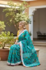 Green and Yellow Mul Cotton saree - Image 2